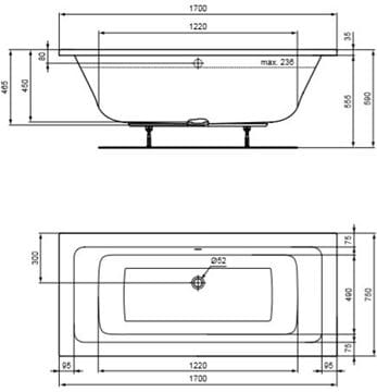 CONCEPT 200 vaňa 170x75 cm, pre 2 osoby, bez nožičiek, akrylát K866001 Technický nákres