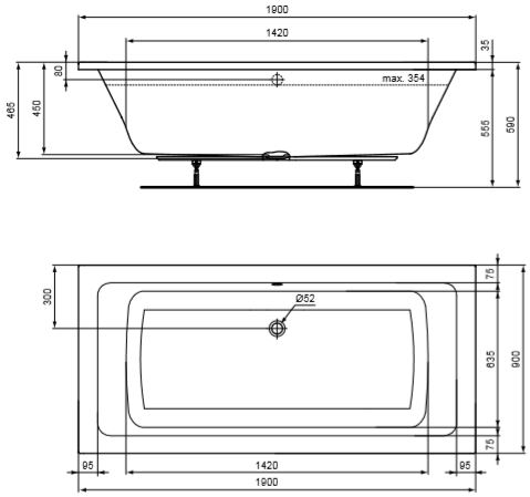 CONCEPT 200 vaňa 190x90 cm, pre 2 osoby, bez nožičiek, akrylát K866201 Technický nákres