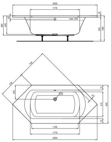 CONCEPT 200 vaňa 200x90 cm, pre 2 osoby, bez nožičiek, akrylát K866301 Technický nákres