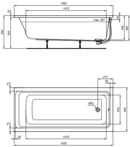 CONCEPT 200 vaňa 180x80 cm, bez nožičiek, akrylát K867801 Technický nákres