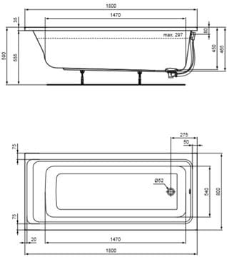 CONCEPT 200 vaňa 180x80 cm, bez nožičiek, akrylát K867801 Technický nákres