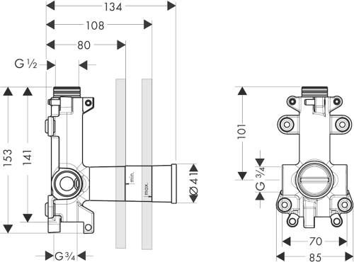 AXOR SHOWER SOLUTIONS podomietkové teleso DN15 10971180 Technický nákres