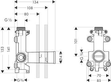 AXOR SHOWER SOLUTIONS podomietkové teleso DN15 10971180 Technický nákres