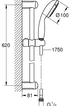 GROHE NEW TEMPESTA 100 sprchová súprava 3-dielna, ručná sprcha pr. 100 mm, tyč, hadica, Water Saving, chróm 27924001 Technický nákres