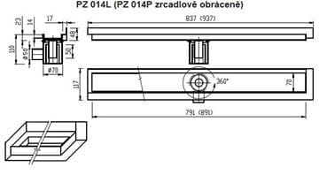 AZP BRNO sprchový žľab 900 mm, do rohu, bočný odtok DN 50, rošt na vloženie dlažby, ľavý, nerez oceľ PZ 014L.900 Technický nákres
