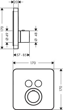 AXOR SHOWER SELECT podomietková termostatická batéria, pre 2 spotrebiče, chróm 36707000 Technický nákres