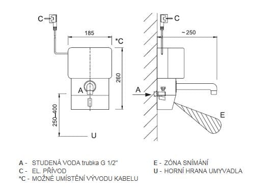 AZP BRNO umývadlová senzorová batéria s prietokovým ohrievačom Clage, nerez AUM 6 Technický nákres
