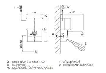 AZP BRNO umývadlová senzorová batéria s prietokovým ohrievačom Clage, nerez AUM 6 Technický nákres