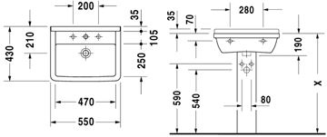 DURAVIT STARCK 3 umývadlo 55 cm, s otvorom pre batériu a prepadom 0300550000 Technický nákres