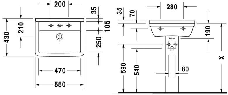 DURAVIT STARCK 3 umývadlo 55 cm, s otvorom pre batériu a prepadom 0300550000 Technický nákres