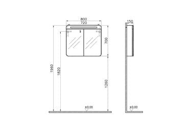 VITRA SENTO zrkadlová skrinka 80x70cm, s LED osvetlením, light oak 60896 Technický nákres