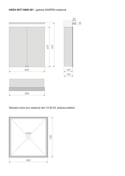 TIMERA GASPRA HSGV zrkadlová skrinka vstavaná 60x74,7x15 cm, osvetlenie, s vypínačom a el. zásuvkou, hliník, strieborná HSGV 0677 0600.301 Technický nákres