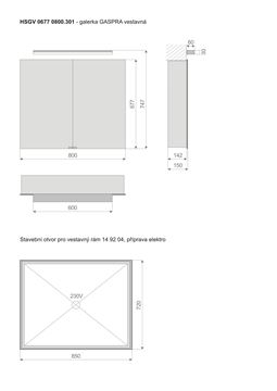 TIMERA GASPRA HSGV zrkadlová skrinka vstavaná 80x74,7x15 cm, osvetlenie, s vypínačom a el. zásuvkou, hliník, strieborná HSGV 0677 0800.301 Technický nákres