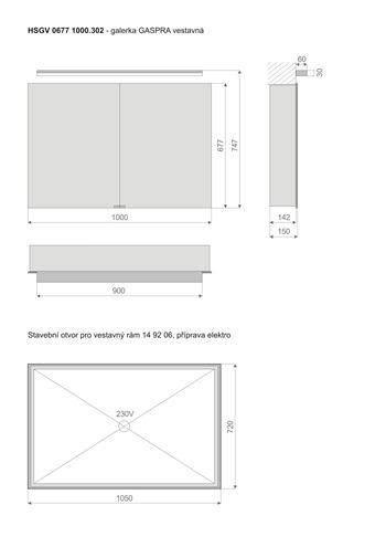 TIMERA GASPRA HSGV zrkadlová skrinka vstavaná 100x74,7x15 cm, osvetlenie, s vypínačom a el. zásuvkou, hliník, strieborná HSGV 0677 1000.302 Technický nákres