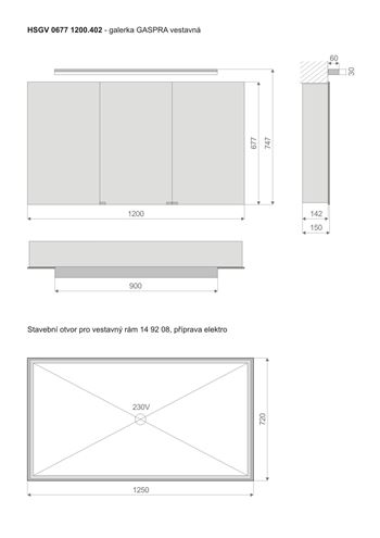 TIMERA GASPRA HSGV zrkadlová skrinka vstavaná 120x74,7x15 cm, osvetlenie, s vypínačom a el. zásuvkou, hliník, strieborná HSGV 0677 1200.402 Technický nákres