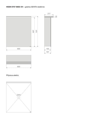 TIMERA SENTA HSSN zrkadlová skrinka 60x70,7x21,7 cm, osvetlenie, s vypínačom a el. zásuvkou, pánty vľavo, hliník, strieborná HSSN 0707 0600.101 Technický nákres