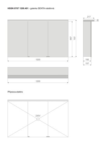 TIMERA SENTA HSSN zrkadlová skrinka 120x70,7x21,7 cm, osvetlenie, s vypínačom a el. zásuvkou, hliník, strieborná HSSN 0707 1200.401 Technický nákres