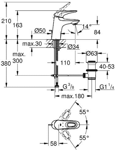 GROHE EUROSTYLE umývadlová stojanková batéria, s odtokovou súpravou, chróm 23564003 Technický nákres