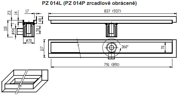 AZP BRNO sprchový žľab 800 mm, do rohu, bočný odtok DN 50, rošt na vloženie dlažby, pravý, nerez oceľ PZ 014P.800 Technický nákres