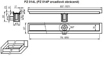 AZP BRNO sprchový žľab 800 mm, do rohu, bočný odtok DN 50, rošt na vloženie dlažby, pravý, nerez oceľ PZ 014P.800 Technický nákres