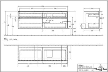 VILLEROY & BOCH COLLARO skrinka pod umývadlo 160x50x54,8 cm, 4 zásuvky, Truffle Grey C02700VG Technický nákres