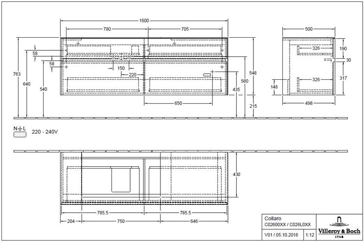 VILLEROY & BOCH COLLARO skrinka pod umývadlo 160x50x54,8 cm, 4 zásuvky, Truffle Grey C02600VG Technický nákres
