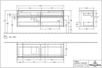 VILLEROY & BOCH COLLARO skrinka pod umývadlo 160x50x54,8 cm, 4 zásuvky, Truffle Grey C02600VG Technický nákres