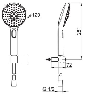 HANSA ACTIVEJET sprchová súprava 3-dielna, ručná sprcha pr. 120 mm, 3 prúdy, hadica, držiak, chróm/svetlo šedá 84380133 Technický nákres