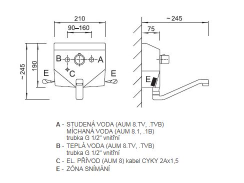 AZP BRNO umývadlová senzorová termostatická batéria, napájanie zo siete, nerez AUM 8.TV Technický nákres