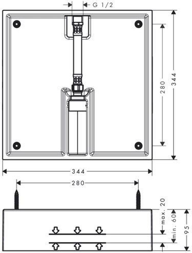 HANSGROHE RAINDANCE základné teleso 400x400mm, pre hornú sprchu, chróm 26254180 Technický nákres