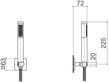 DORNBRACHT CULT sprchová súprava 3-dielna, ručná sprcha 225 mm, hadica, držiak, lesklý chróm 27 806 960-00 Technický nákres