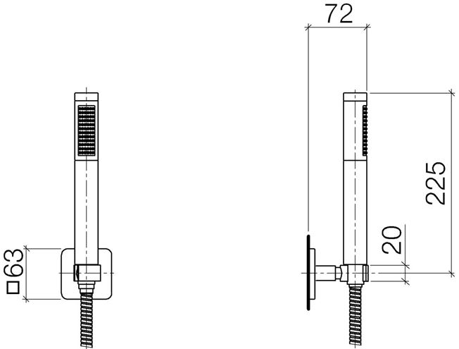DORNBRACHT CULT sprchová súprava 3-dielna, ručná sprcha 225 mm, hadica, držiak, lesklý chróm 27 806 960-00 Technický nákres