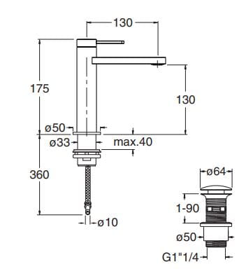 CRISTINA UNIX umývadlová stojanková batéria, s odtokovou súpravou, brushed stainless steel CRIUX22328 Technický nákres