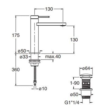 CRISTINA UNIX umývadlová stojanková batéria, s odtokovou súpravou, brushed stainless steel CRIUX22328 Technický nákres
