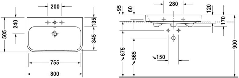 DURAVIT HAPPY D.2 umývadlo 80 cm, s otvorom pre batériu a prepadom, brúsené 23188000271 Technický nákres