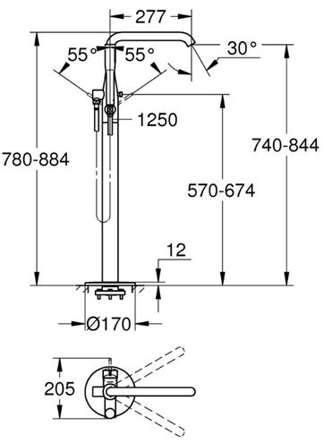 GROHE ESSENCE NEW vaňová batéria na podlahu, s prepínačom, so sprchovou súpravou, chróm 23491001 Technický nákres