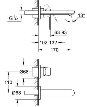 GROHE EUROSMART COSMOPOLITAN umývadlová podomietková batéria, chróm 19381000 Technický nákres