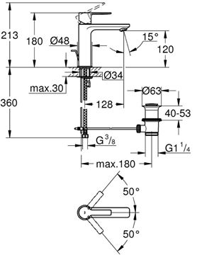 GROHE LINEARE umývadlová stojanková batéria, s odtokovou súpravou, chróm 32114001 Technický nákres