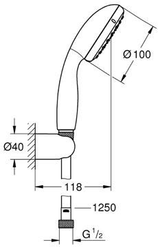 GROHE NEW TEMPESTA 100 sprchová súprava 3-dielna, ručná sprcha pr. 100 mm, 2 prúdy, hadica, držiak, Water Saving, chróm 2779810E Technický nákres
