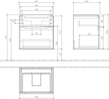 VILLEROY & BOCH SUBWAY 2.0 skrinka pod umývadlo 58,7x45,4x59 cm, 2 zásuvky, Glossy White A90910DH Technický nákres