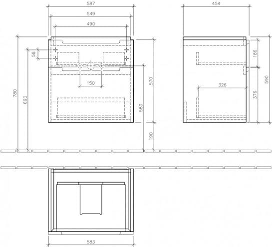 VILLEROY & BOCH SUBWAY 2.0 skrinka pod umývadlo 58,7x45,4x59 cm, 2 zásuvky, Glossy White A90910DH Technický nákres