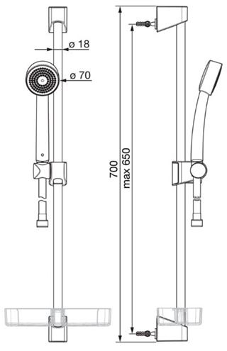 HANSA BASICJET sprchová súprava 4-dielna, ručná sprcha pr. 70 mm, tyč, hadica, mydelnička, chróm 44780211 Technický nákres