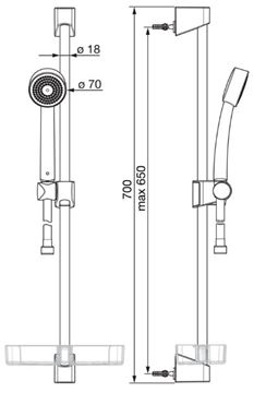 HANSA BASICJET sprchová súprava 4-dielna, ručná sprcha pr. 70 mm, tyč, hadica, mydelnička, chróm 44780211 Technický nákres