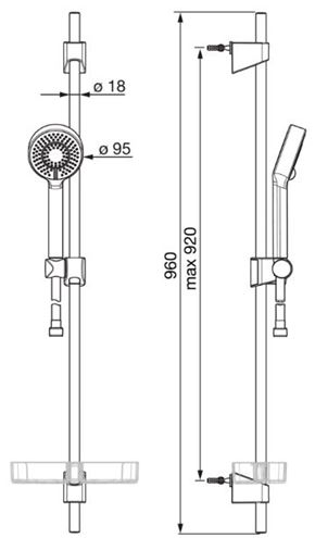 HANSA BASICJET sprchová súprava 4-dielna, ručná sprcha pr. 95 mm, 3 prúdy, tyč, hadica, mydelnička, Eco, chróm 44670133 Technický nákres