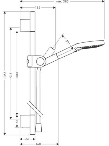 AXOR UNO 3JET sprchová súprava 3-dielna, ručná sprcha pr. 120 mm, 3 prúdy, tyč, hadica, chróm 27987000 Technický nákres