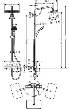 HANSGROHE CROMA E SHOWERPIPE 280 sprchový set s termostatickou batériou, horná sprcha, ručná sprcha s 3 prúdmi, tyč, hadica, EcoSmart, chróm 27660000 Technický nákres