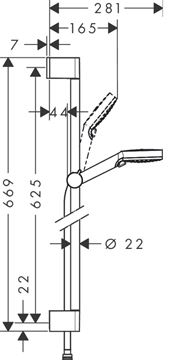HANSGROHE CROMETTA VARIO 2JET sprchová súprava 3-dielna, ručná sprcha pr. 110 mm, 2 prúdy, tyč, hadica, biela/chróm 26532400 Technický nákres