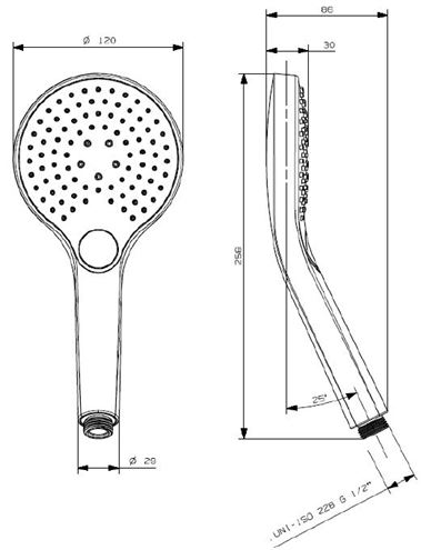 CONCEPT 200 ručná sprcha pr. 120 mm, 3 prúdy, chróm PM06037W/CO Technický nákres