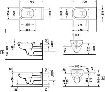 DURAVIT D-CODE bezbariérové závesné WC 22280900002 Technický nákres