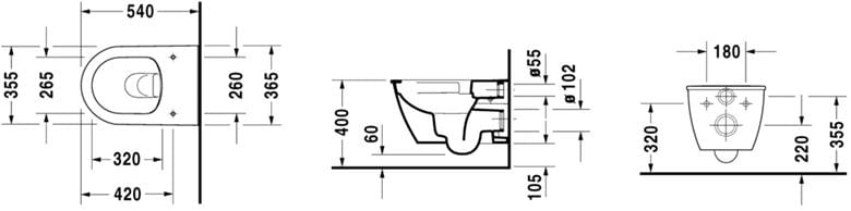 DURAVIT DARLING NEW závesné WC, Rimless splachovanie, WonderGliss 25570900001 Technický nákres